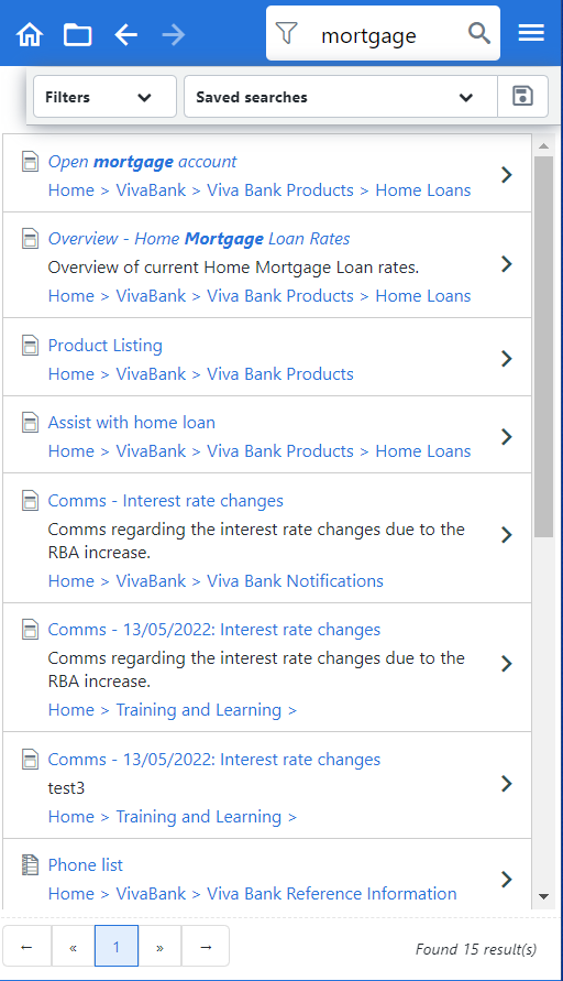 Example search results