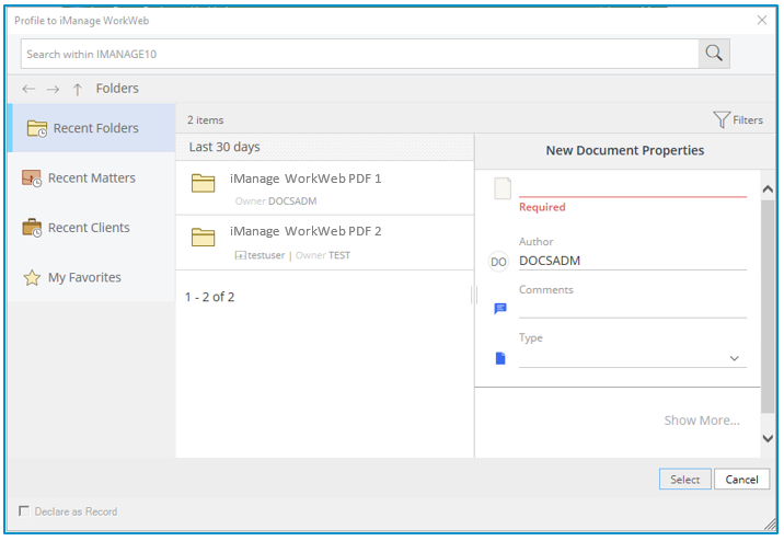 profile to imanage workweb user interface
