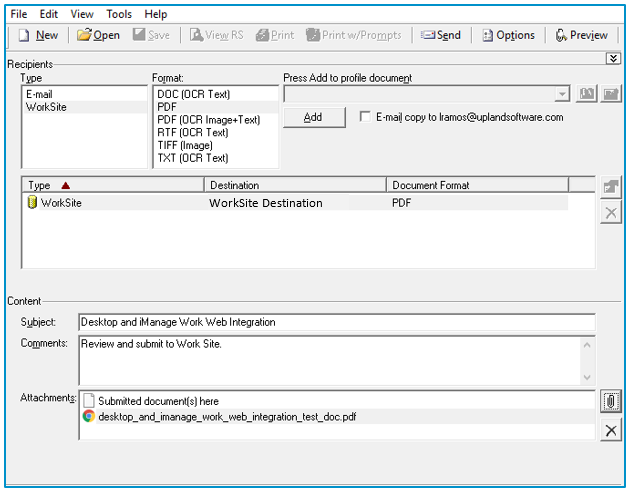 accuroute desktop recipients and content dialog box example