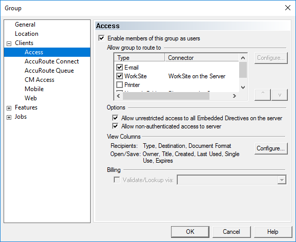 group clients access dialog box example