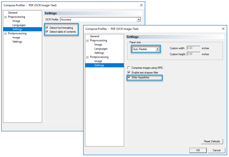 compose profile pre and postprocessing settings job property dialog box example