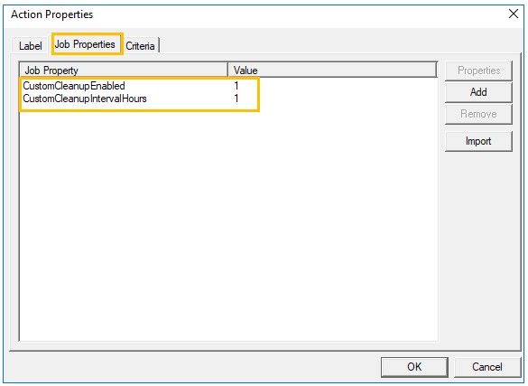 action properties job properties custom cleanup