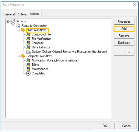 rule properties actions start workflow action dialog box