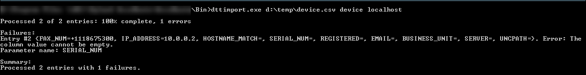 command prompt dtt import errors example