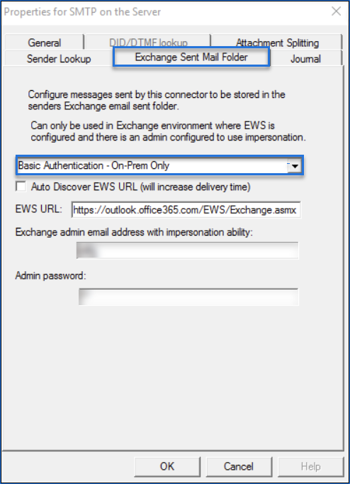 smtp properties basic authentication on-prem only dialog box