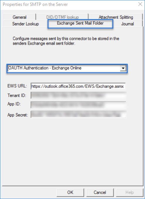 smtp properties oauth authentication exchange online dialog box