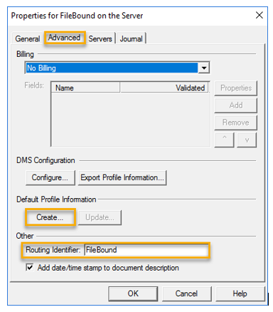 filebound on the server properties dialog box example