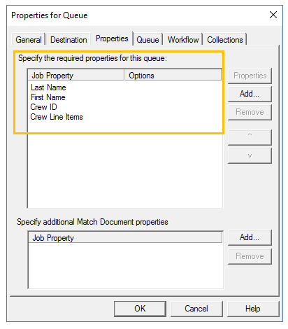 queue required properties dialog box