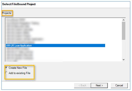 select filebound project dialog box example