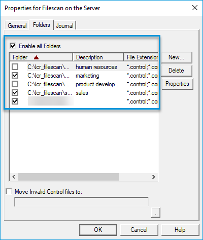 filescan properties enable specific folders dialog box