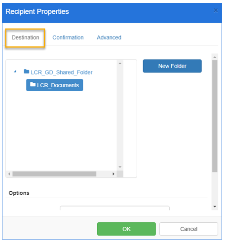 recipient properties destination dialog box example 