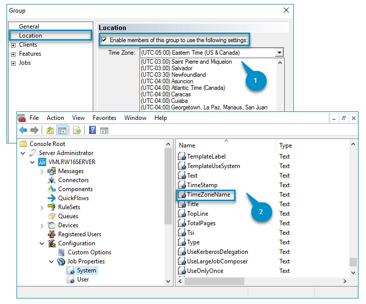 group location and time zone name job property dialog boxes