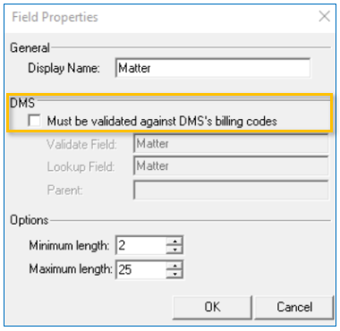 dms properties on the server field properties dialog box example