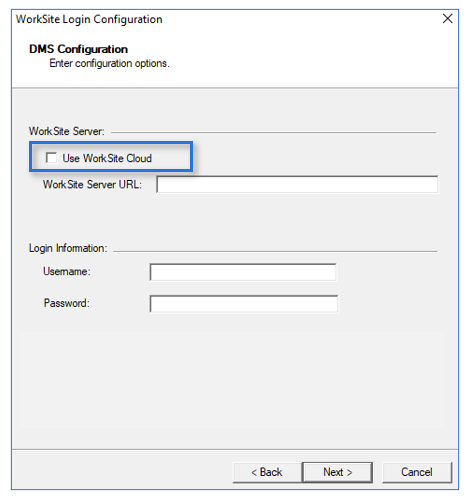 worksite login and dms configuration wizard example use worksite cloud option