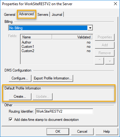 worksiteRESTv2 dms connector advanced properties dialog box example