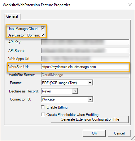 WorksiteWebExtension Feature Properties > Custom Domain dialog box example