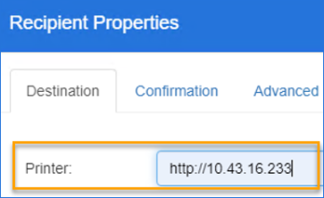 recipient properties printer destination example