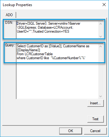 lookup properties dsn and query parameters dialog box example