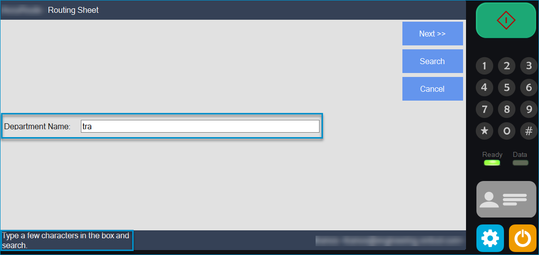 department name prompt, instructions and search button device simulator example