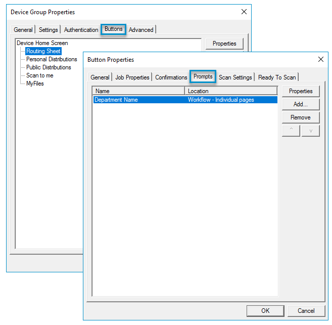 device group properties button properties prompts dialog box example