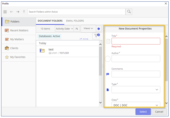 iManage work profile dialog box example