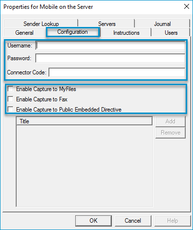 mobile connector properties configuration dialog box
