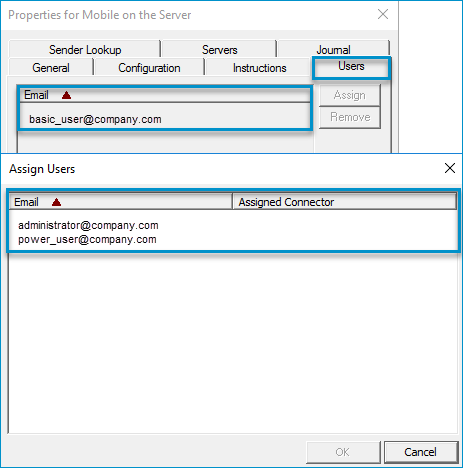 mobile connector properties        users dialog box