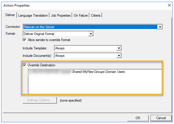 default user group rule action properties deliver dialog box example