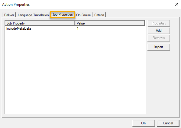 action properties job properties include metadata dialog box