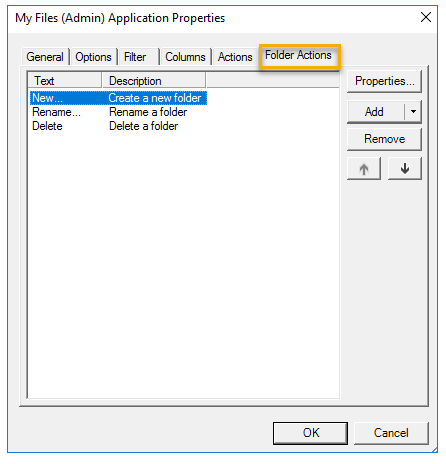 myfiles application properties folder actions dialog box example