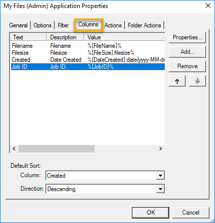 my files application properties columns job id dialog box