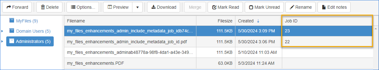webapps my files job id column example
