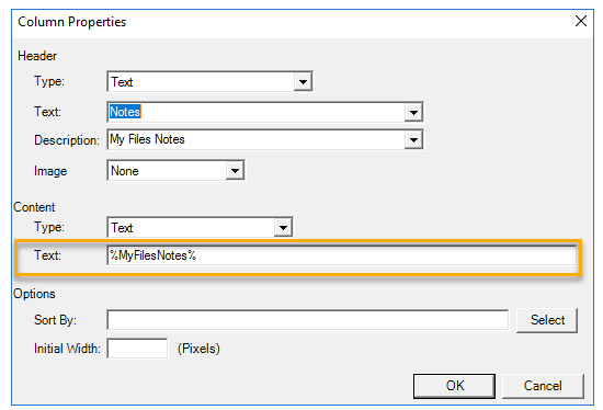 column properties dialog box example