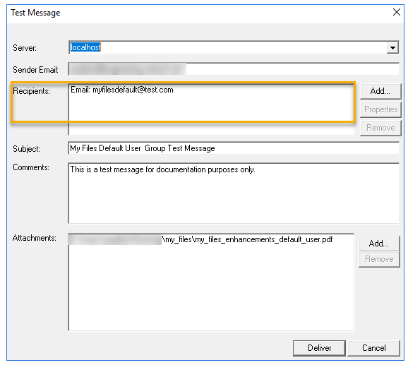 default user group test message dialog box example