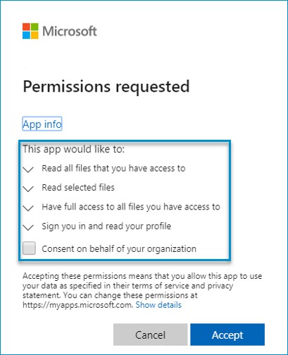 microsoft permissions requested dialog box example 