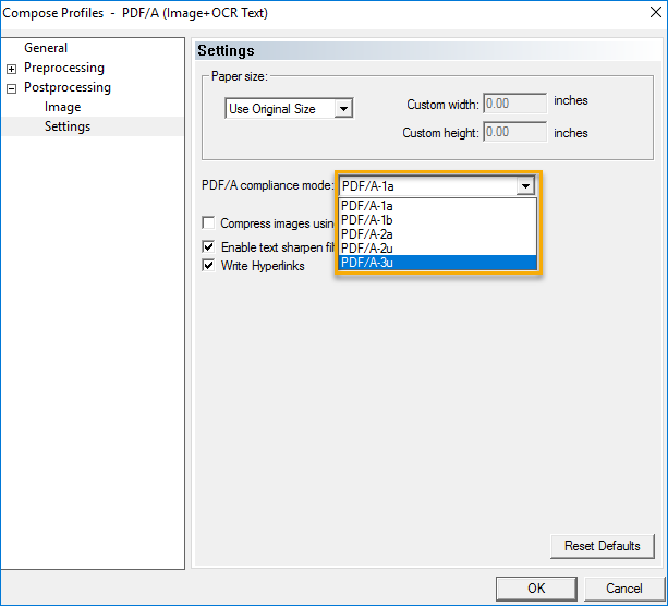 compose profiles postprocessing settings dialog box example 
