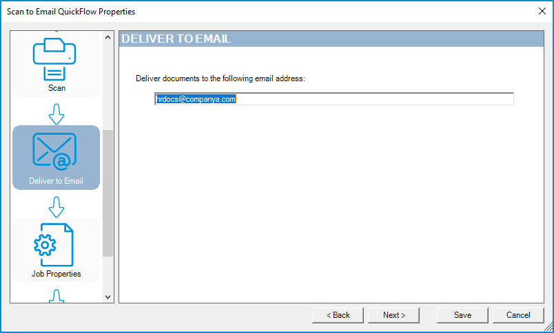 deliver to email quickflow properties dialog box example