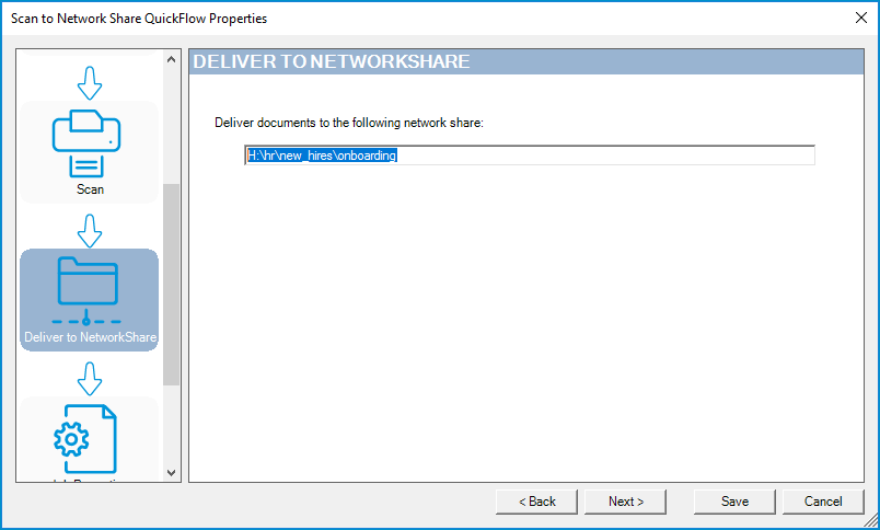 deliver to network share quickflow properties dialog box example