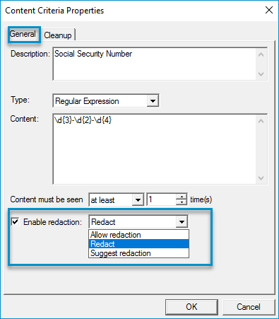 cm profile content criteria properties dialog box with redact example