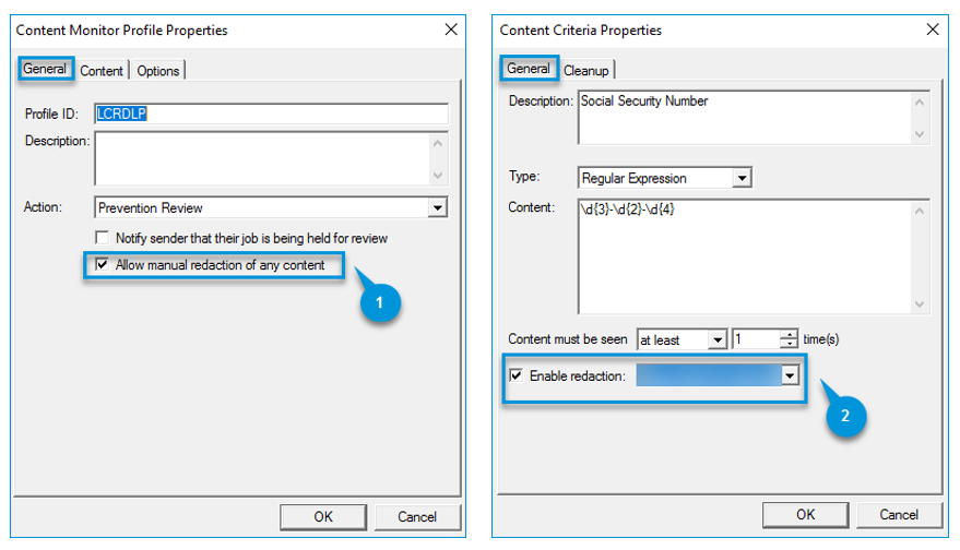 content monitor profile properties redaction settings dialog box example