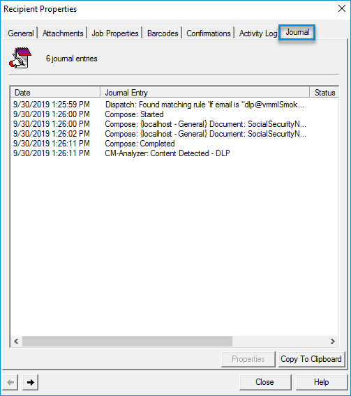 messages history recipient properties journal dialog box example
