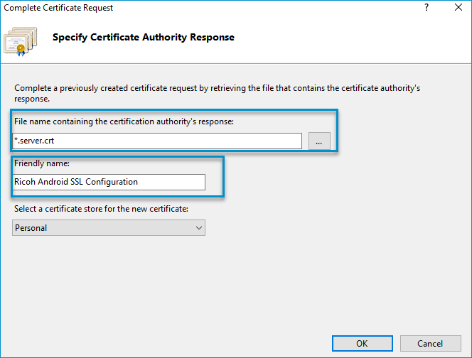 complete certificate request dialog box