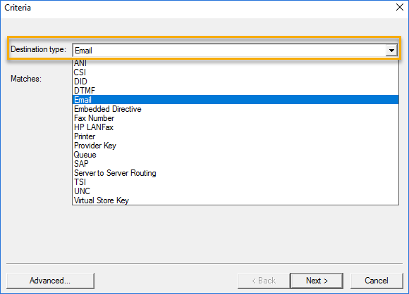 criteria destination type list dialog box example