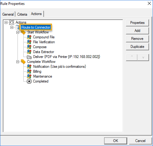 route to connector actions tree dialog box example