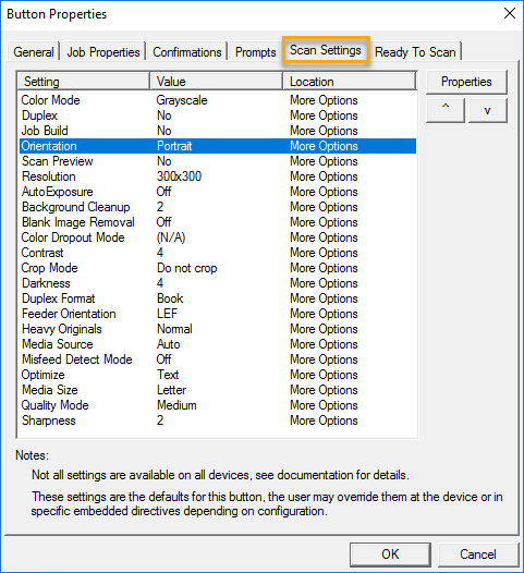 button properties scan settings dialog box example