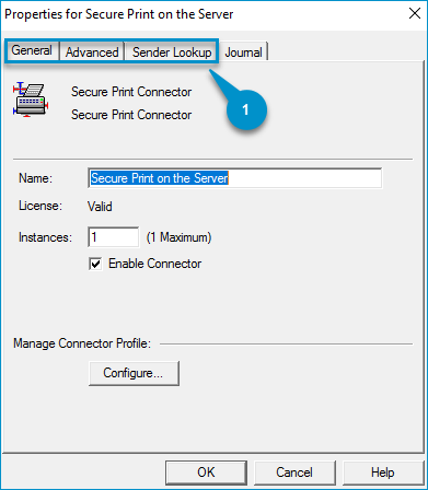 secure print on the server properties dialog box