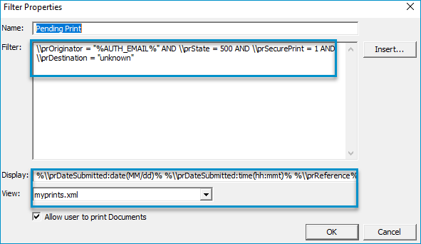 filter properties dialog box