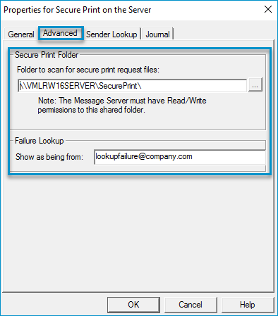 secure print on the server properties advanced dialog box