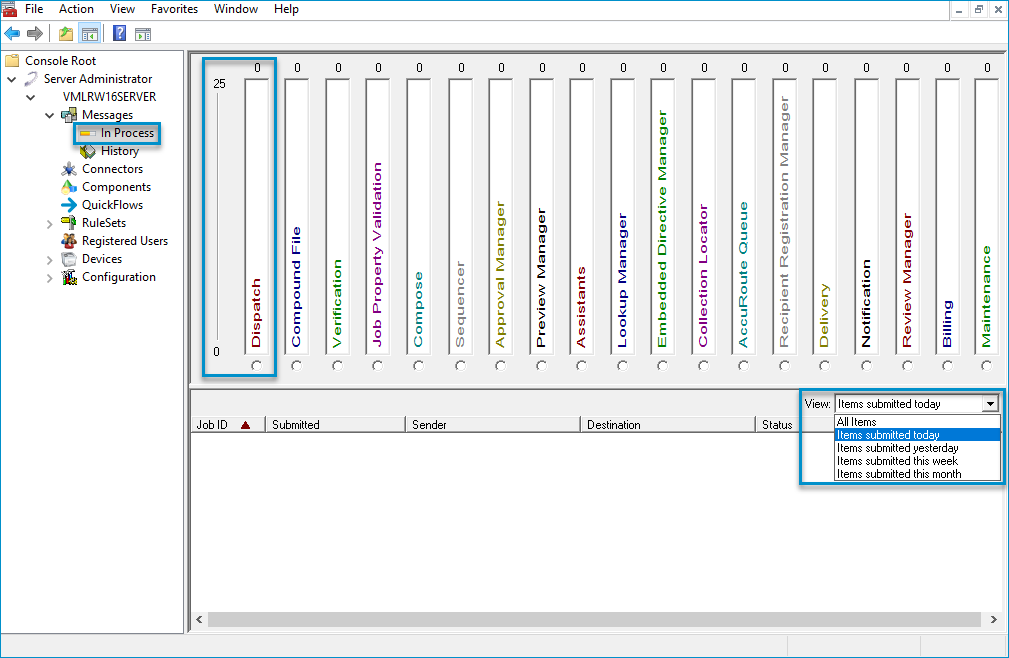 in process messages dialog box example items submitted today filter