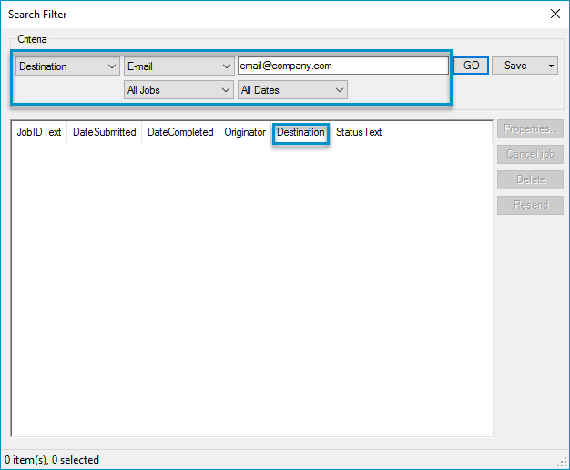 email destination search filter dialog box example